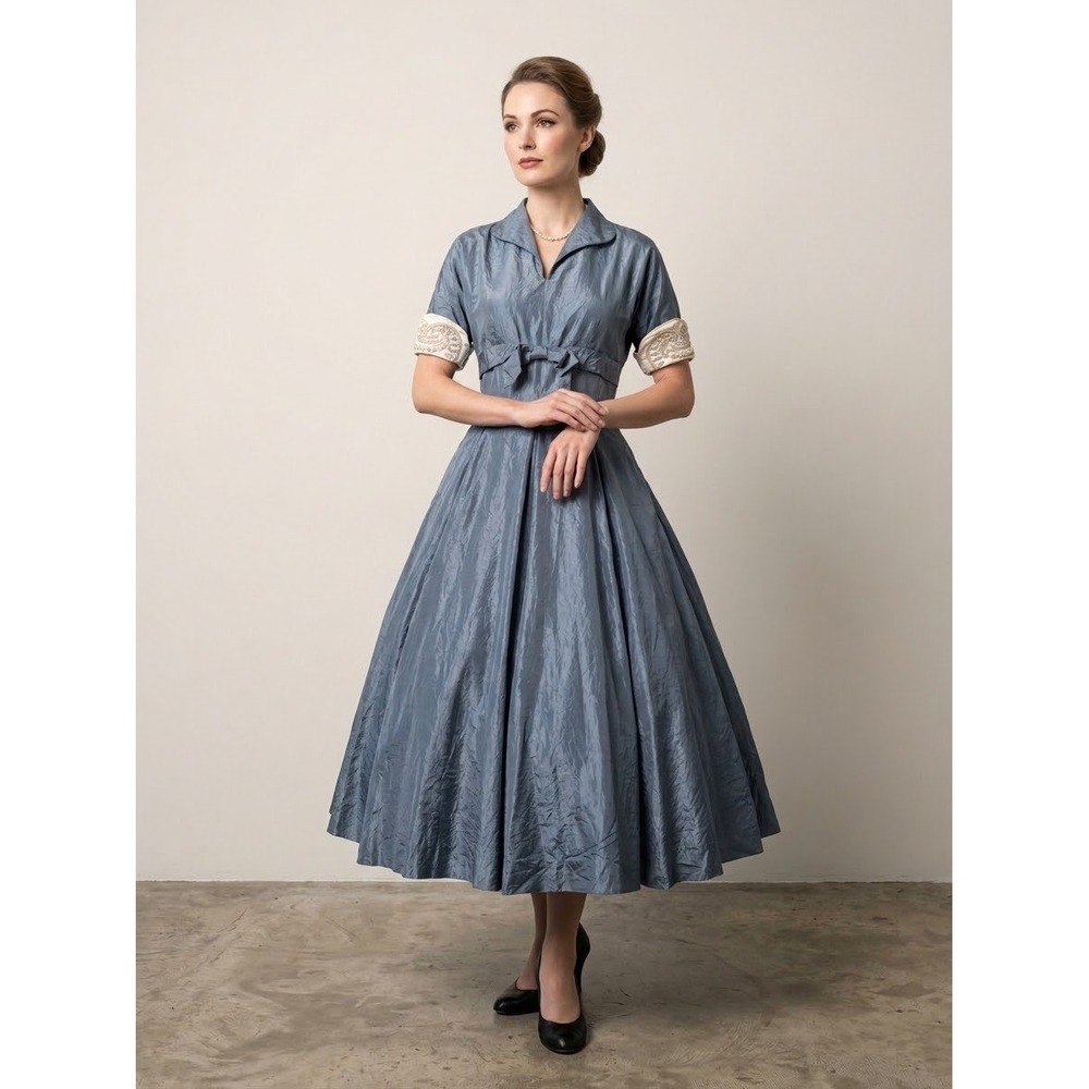 Vintage 1950s Leslie Fay Blue Satin Fit Flare Dress Pearl Cuffs Pockets 50s